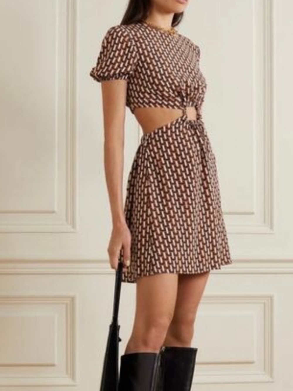 STAUD Epora Dress - Brown Patterned Cutout Mini Dress